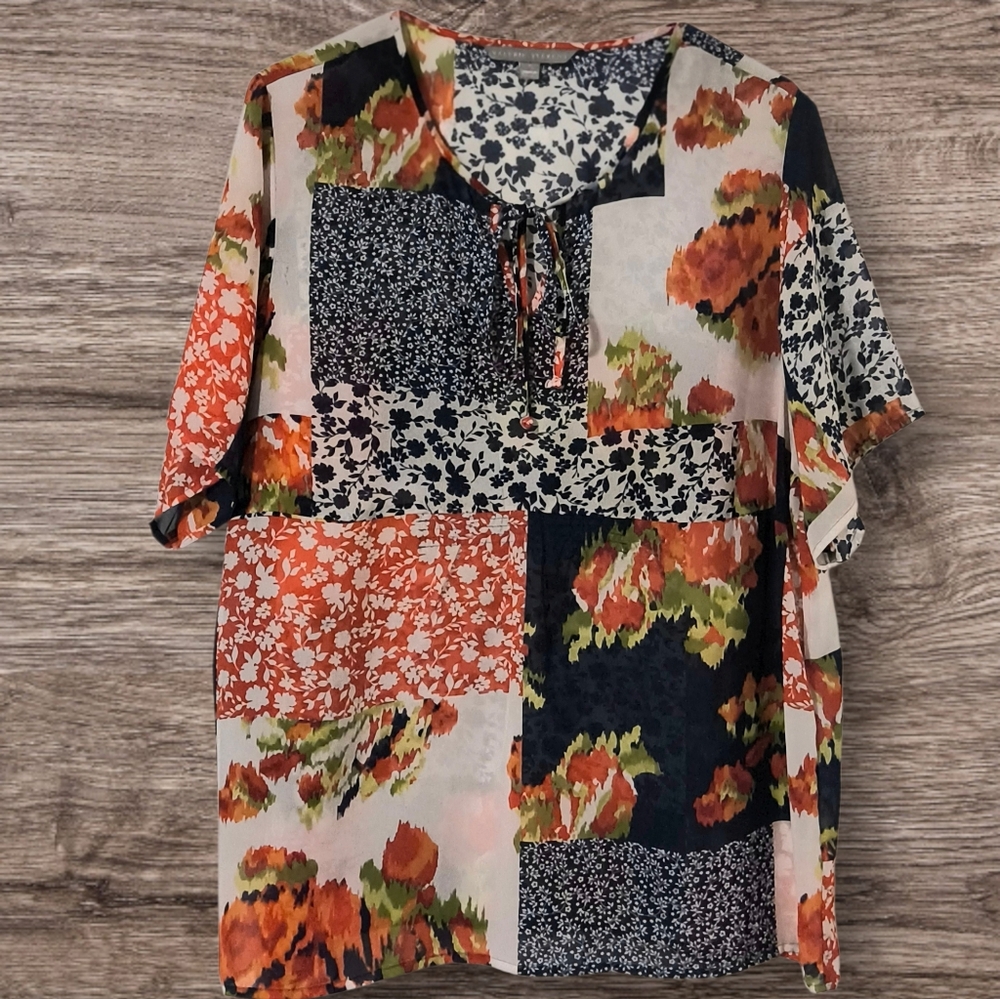 Valerie Stevens Women's XL Patchwork Floral Tunic Top - Navy, Orange & Cream